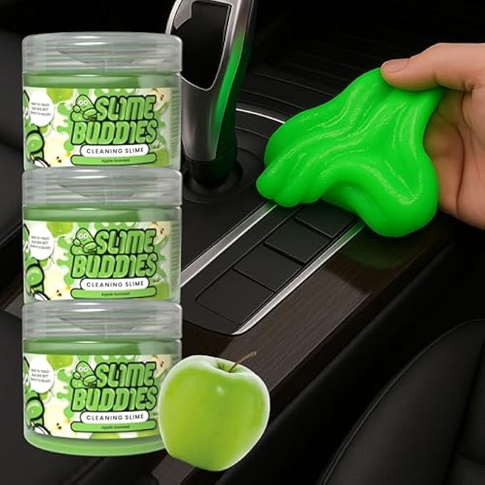 Slime Buddies CLEANING GEL | GREAT FOR CAR INTERIORS, CUP HOLDERS, KEYBOARDS & MORE | REUSABLE CLEANING SLIME (PACK OF 3 - LEMON, APPLE, STRAWBERRY) (APPLE) - Image 1